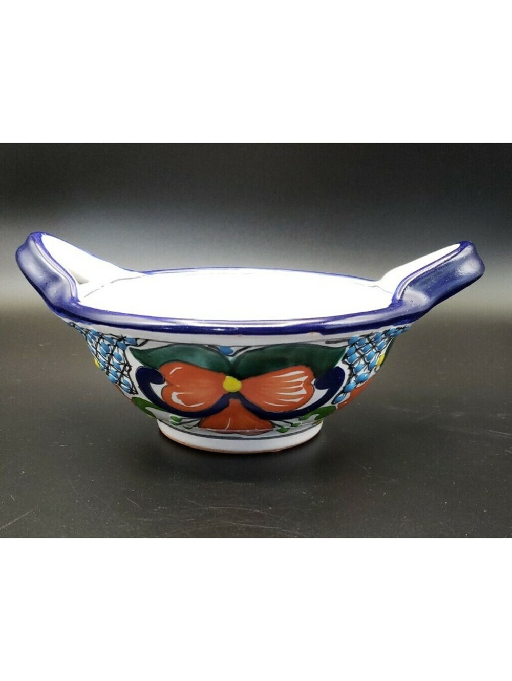 Mexico Talavera Pottery Floral Bowl Signed A. Cruz Cobalt Blue Orange Dish Bowl